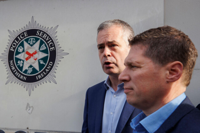 sinn-fein-tds-pearse-doherty-and-matt-carthy-speak-with-the-media-outside-musgrave-street-police-station-in-belfast-ahead-of-their-interviews-with-the-police-service-of-northern-ireland-psni-regardi