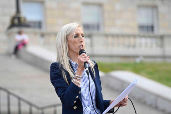 carla-lockhart-of-the-dup-speaks-during-a-farmers-protest-at-stormont-buildings-belfast-as-a-review-is-held-on-the-51-cattle-which-were-shot-dead-in-june-on-land-near-fivemiletown-in-co-tyrone-in-a
